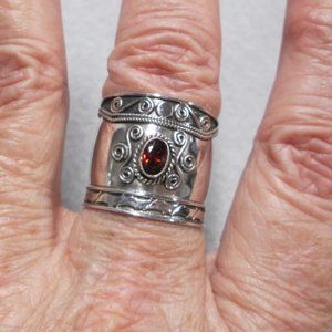 Sterling Silver & Garnet Bali Cigar Band Ring>Wide Silver Band,925 Sterling Ring